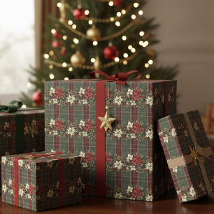 Green Plaid Red Gold Poinsettia Christmas Pattern Wrapping Paper