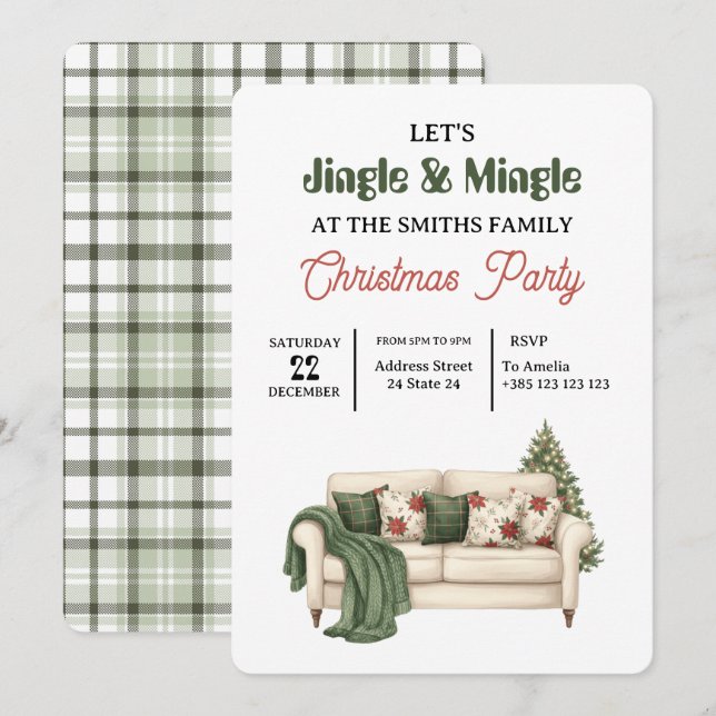 Green Plaid Retro Christmas Party Invitation (Front/Back)