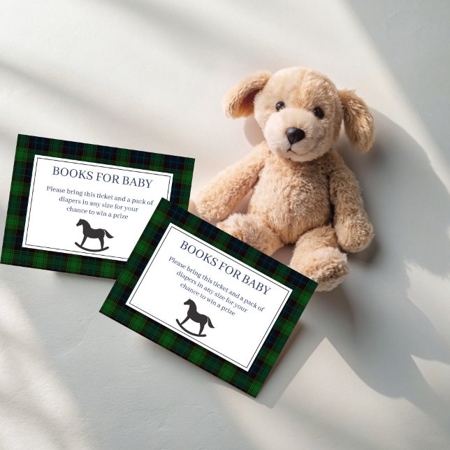 Green plaid rocking horse book request enclosure card (Green plaid rocking horse classic polo baby shower book request enclosure cards books for baby cards)