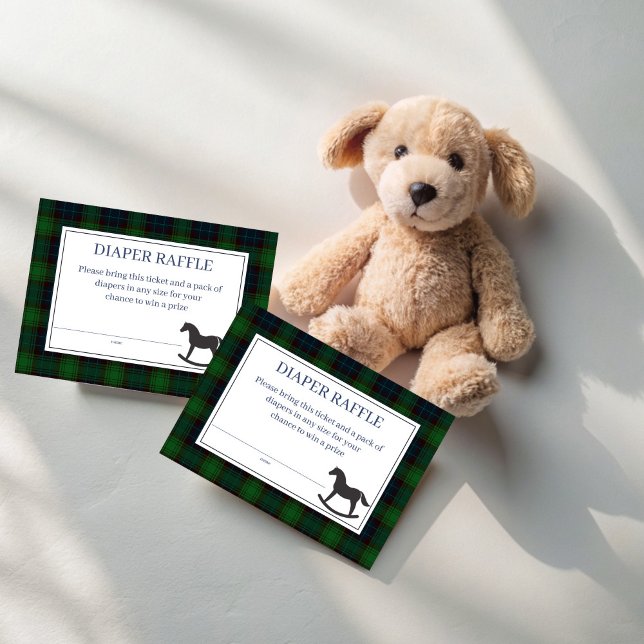 Green plaid rocking horse diaper raffle  enclosure card (Emerald Green plaid rocking horse classic polo baby shower diaper raffle enclosure cards)