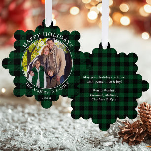 Green Plaid Rustic Happy Holidays Photo Tree Decoration Card