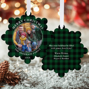 Green Plaid Rustic Merry Christmas Photo Tree Decoration Card