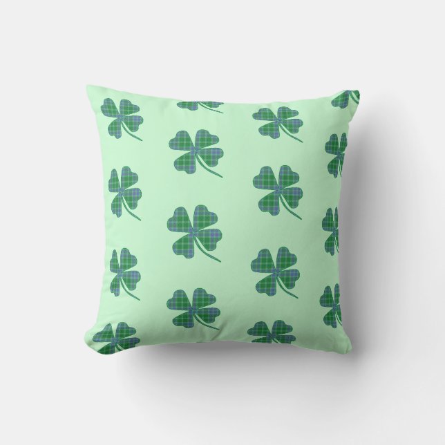 Green Plaid Shamrock Four-Leaf Clover Pattern Cushion (Front)