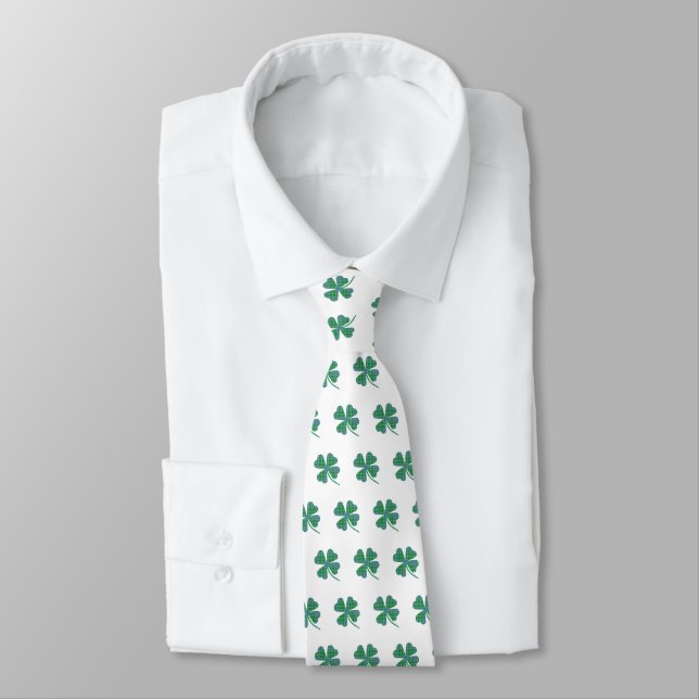 Green Plaid Shamrock Four-Leaf Clover Pattern Tie (Tied)
