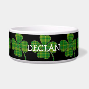 Green plaid shamrock personalised black dog bowl