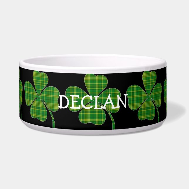 Green plaid shamrock personalised black dog bowl (Front)
