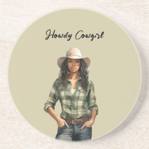 Green Plaid Shirt Howdy Black Female Cowgirl Coaster