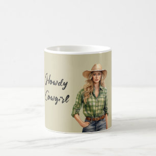 Green Plaid Shirt Howdy Blonde Female Cowgirl Coffee Mug