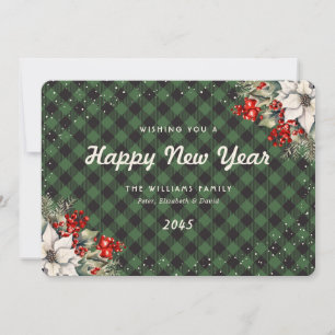 Green Plaid Snow Botanical New Year Card