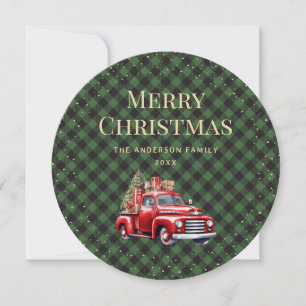Green Plaid Snow Red Truck Merry Christmas Card