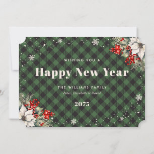 Green Plaid Snowflake Botanical New Year Card
