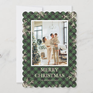 Green Plaid Snowflake Photo Merry Christmas Holiday Card