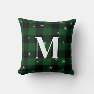 Green Plaid & Snowflakes Monogram Initial Winter Cushion