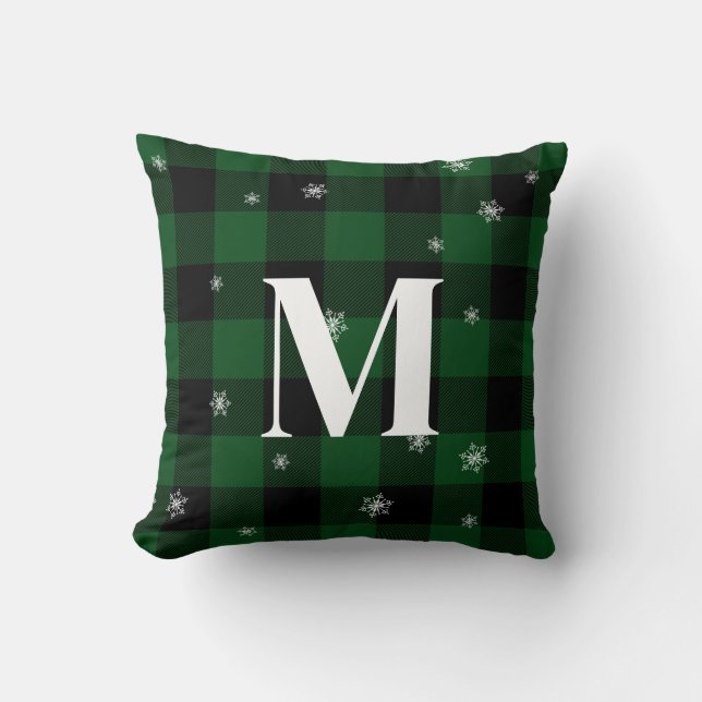 Green Plaid & Snowflakes Monogram Initial Winter Cushion (Front)