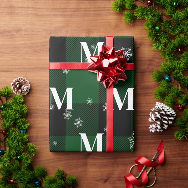 Green Plaid & Snowflakes Monogram Initial Winter Wrapping Paper (Holiday Gift)