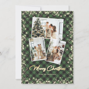 Green Plaid Sparkling Lights Snow Photo Christmas Holiday Card