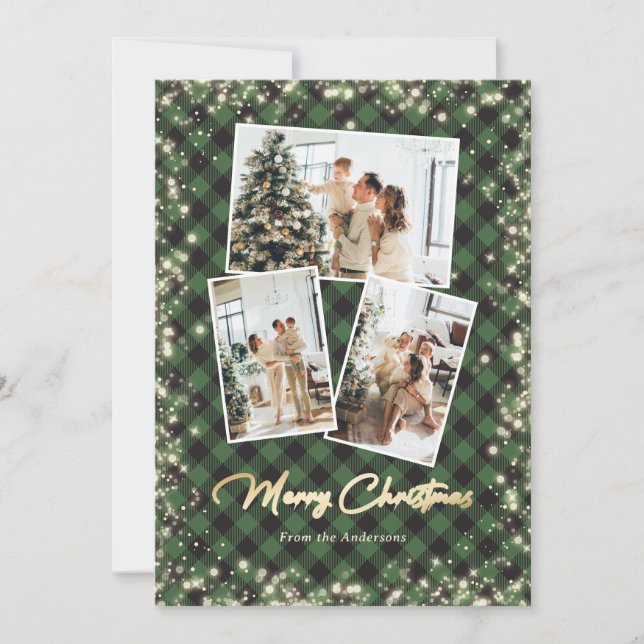 Green Plaid Sparkling Lights Snow Photo Christmas Holiday Card (Front)