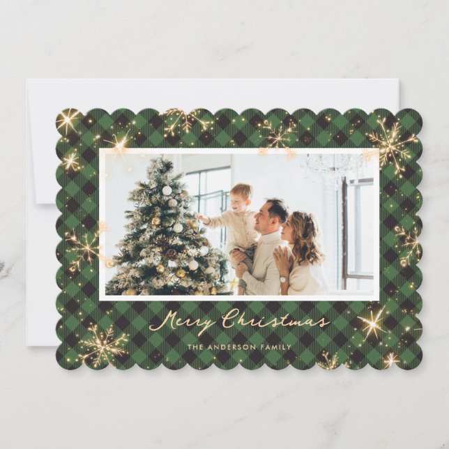 Green Plaid Sparkling Snowflake Photo Christmas Holiday Card (Front)