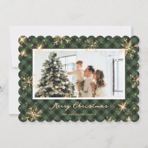 Green Plaid Sparkling Snowflake Photo Christmas Holiday Card