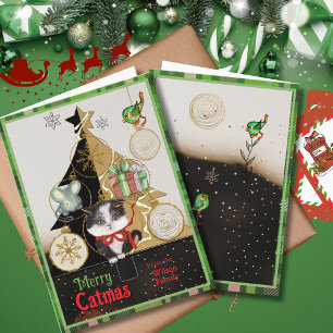 Green Plaid Split-Tree Catmas Card Cute Kitten