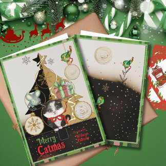 Green Plaid Split-Tree Catmas Card | Cute Kitten