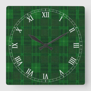 Green Plaid Square Roman Numerals Clock