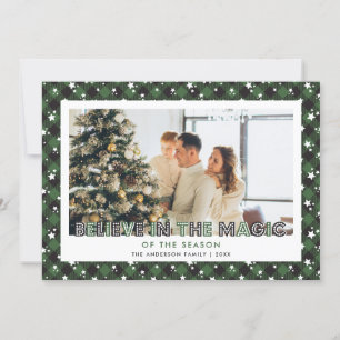 Green Plaid Stars Believe Photo Christmas Card