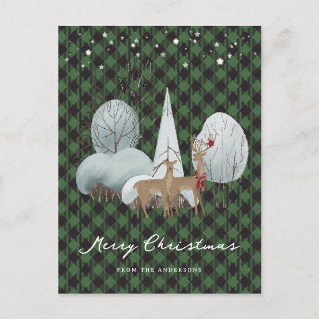 Green Plaid Stars Reindeer Merry Christmas Holiday Postcard (Front)