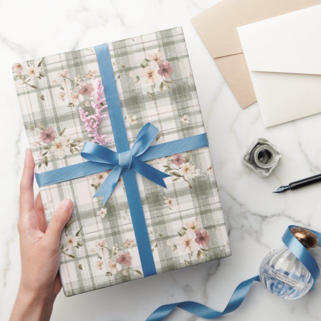 Green Plaid Stripes Burgundy Cream Flowers Birthda Wrapping Paper (Gifting)