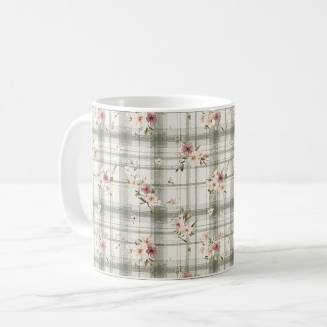 Green Plaid Stripes Burgundy Cream Flowers Coffee Mug (Front Left)