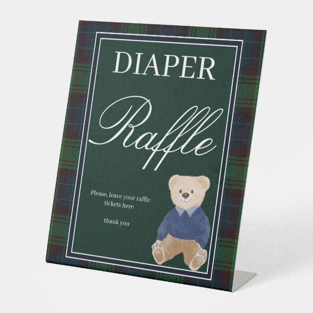 Green plaid teddy bear baby shower diaper raffle pedestal sign (Front)