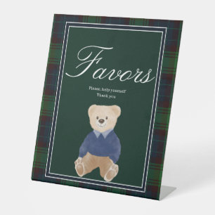 Green plaid teddy bear baby shower favor table pedestal sign