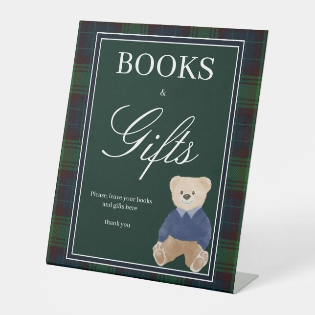 Green plaid teddy bear baby shower gifts table pedestal sign (Front)