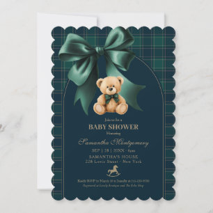 Green Plaid Teddy Bear Boy Baby Shower Preppy Invitation