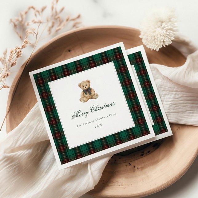 Green Plaid Teddy Bear Christmas Party Napkin (Creator Uploaded)