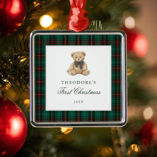 Green Plaid Teddy Bear First Christmas  Metal Tree Decoration