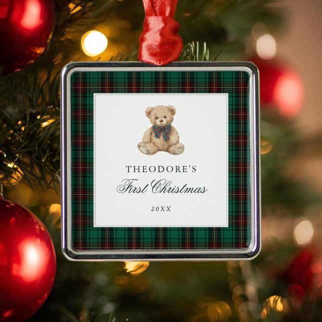 Green Plaid Teddy Bear First Christmas  Metal Tree Decoration (Creator Uploaded)