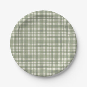 Green Plaid Watercolor Gingham Party Plate