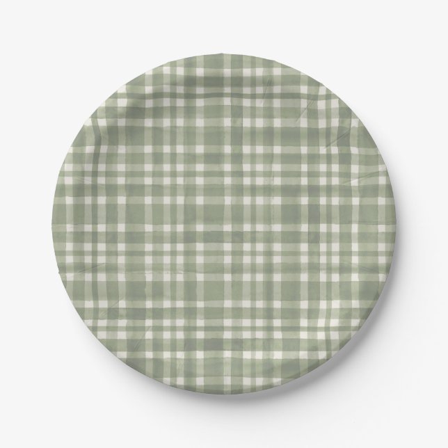 Green Plaid Watercolor Gingham Party Plate (Front)
