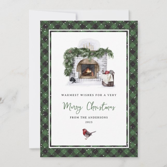 Green Plaid Watercolor Warm Wishes Christmas Cards (Front)