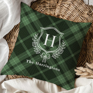 Green Plaid Winter Monogram Crest Initial Cushion