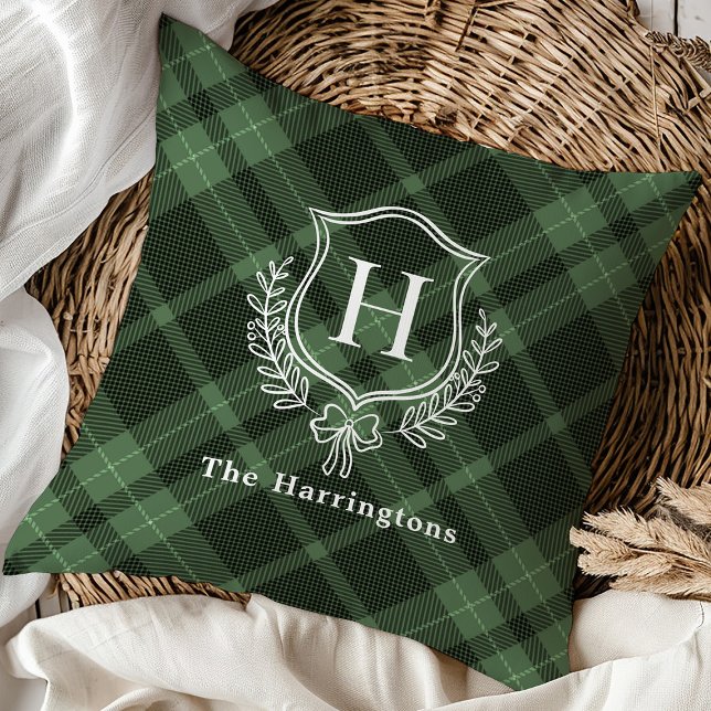 Green Plaid Winter Monogram Crest Initial Cushion (Creator Uploaded)