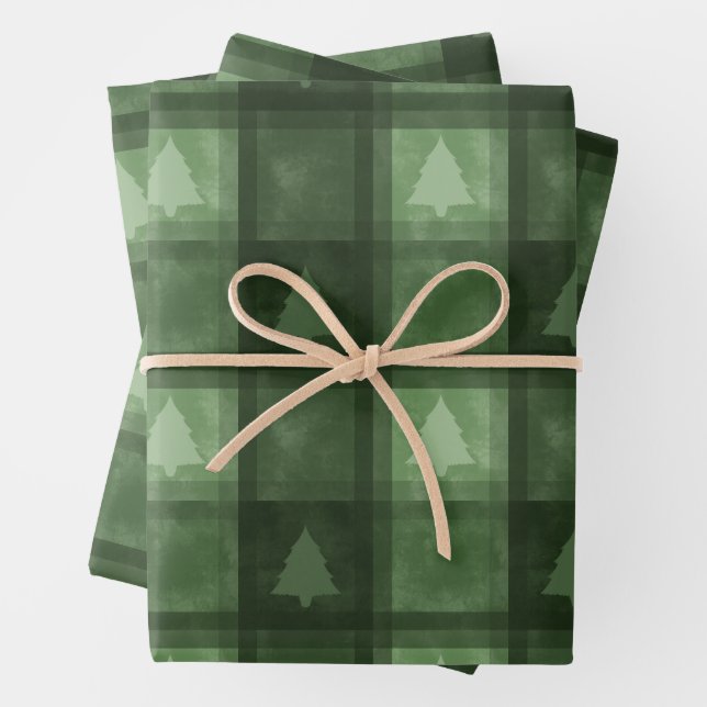 Green Plaid With Fir Tree Motifs Christmas Pattern Wrapping Paper Sheet (In situ)