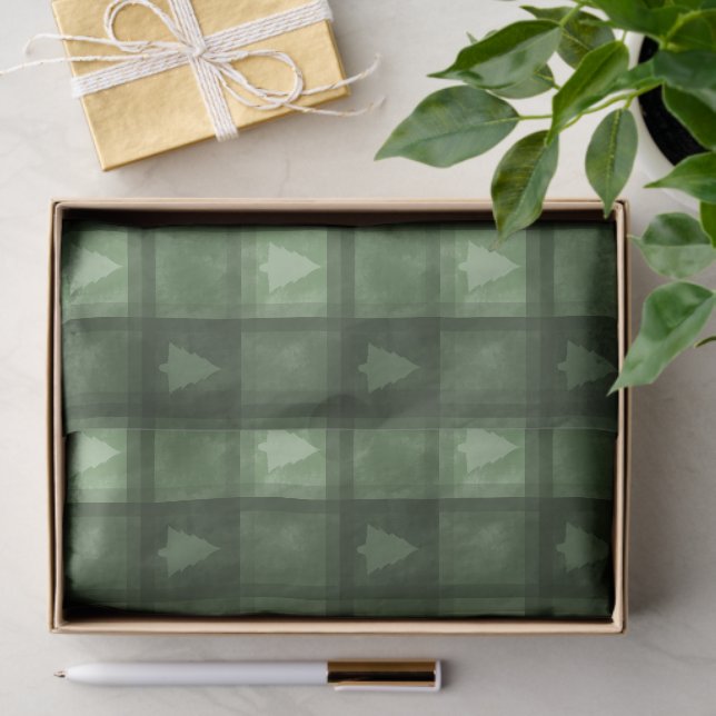 Green Plaid With Fir Tree Shapes Christmas Pattern Tissue Paper (Gift)