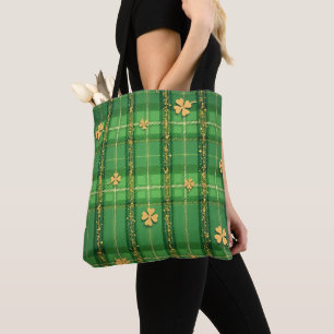 GREEN PLAID WITH GOLD GLITTER LOOK SHAMROCKS TOTE BAG
