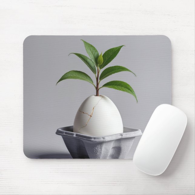 Green Plant Growing Out of a White Egg Mouse Mat (With Mouse)