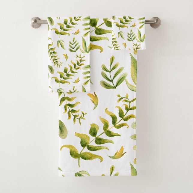 Green Plant Leaves Pattern Bath Towel Set (Insitu)