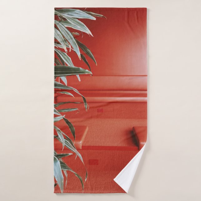 Green plant on red couch bath towel (Bath Towel)