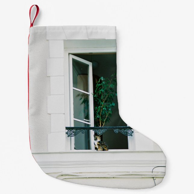 GREEN PLANT ON WHITE WINDOW SMALL CHRISTMAS STOCKING (Front)