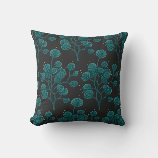Green Plant Pattern Pen Drawing Black Throw Pillow (Front)